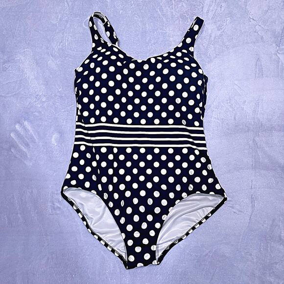 Lands End Polka Dot Striped One Piece Swimsuit Black White Tugless Womens 14 - Picture 1 of 5